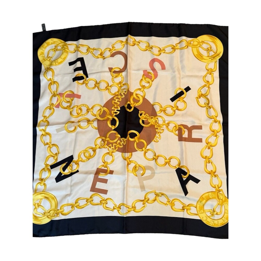Celine Vintage Chain Motif Square Scarf in Black, Cream & Gold